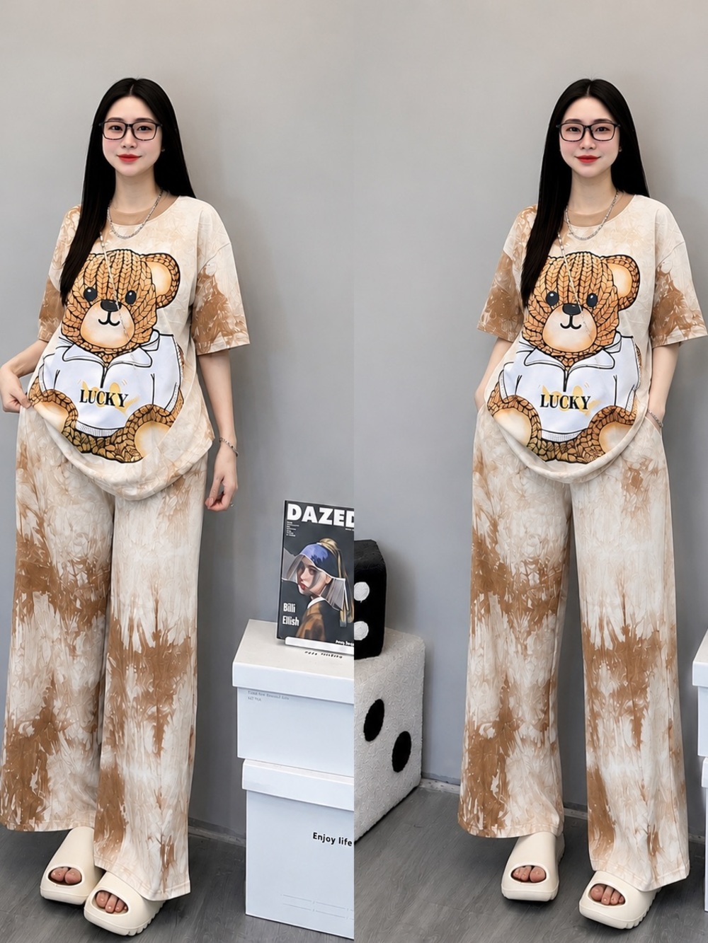 Pijama  Beige Tie-Dye Teddy Graphic Pant Set